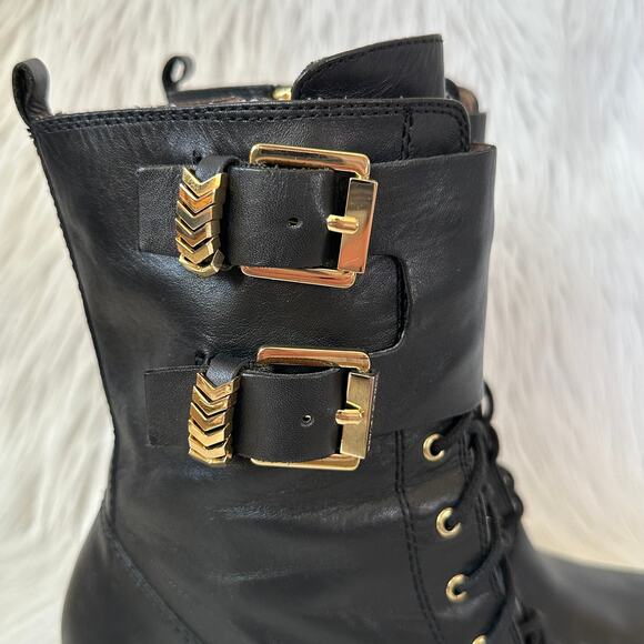 Donald Pliner Danti Combat Boots Leather Lace Up Buckle Zip Block Heeled, Black - Picture 2 of 11
